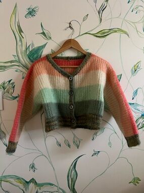 Hand Crafted Striped Crop Cardigan in Coral, Cream & Mint Green